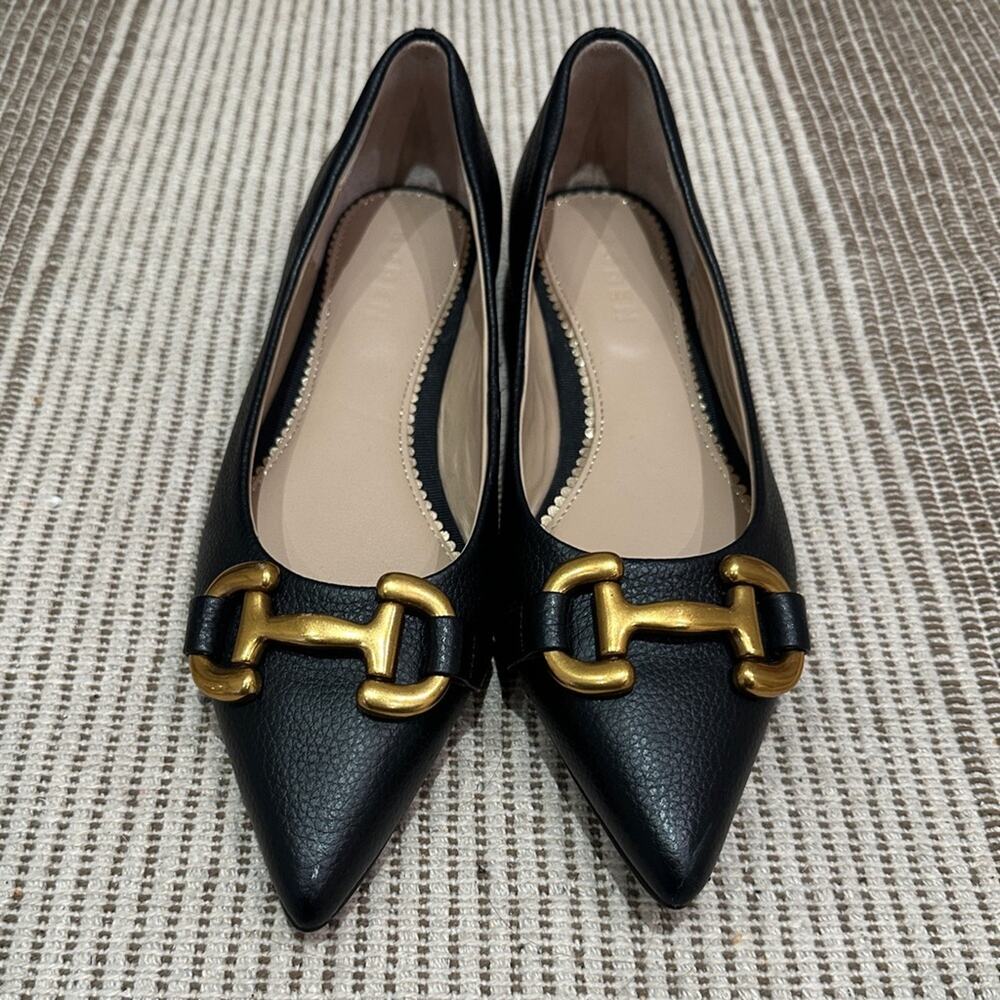 Boden Snaffle Black Pebbled Leather Flats with Gold Buckle Pointed Toe 5.5 36